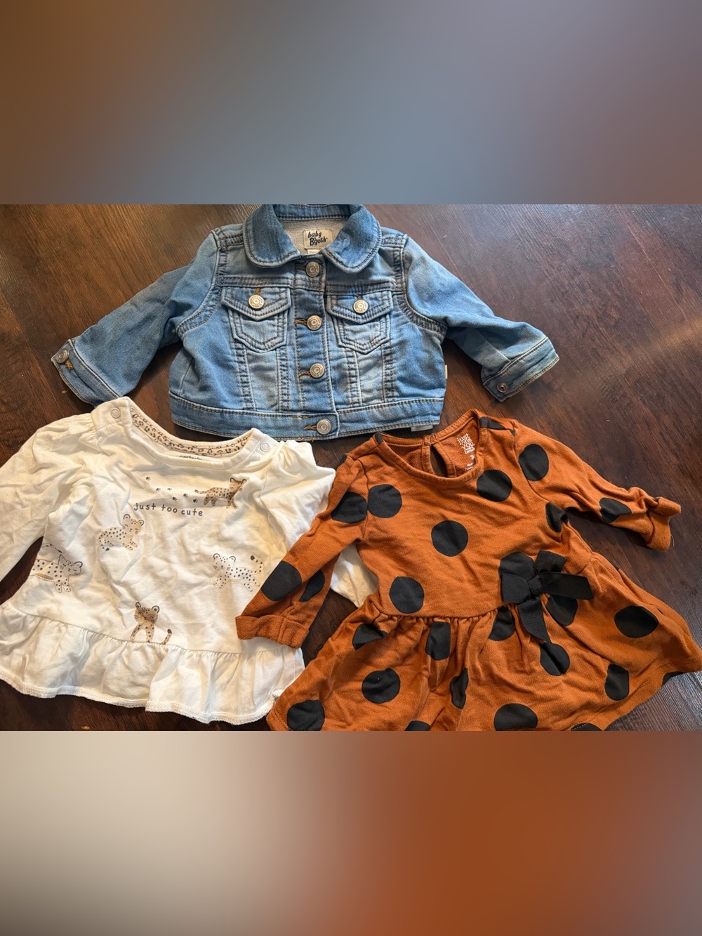 Denim Jacket, Cream Top & Rust Polka Dot Dress - Girls Jacket & Dresses Set